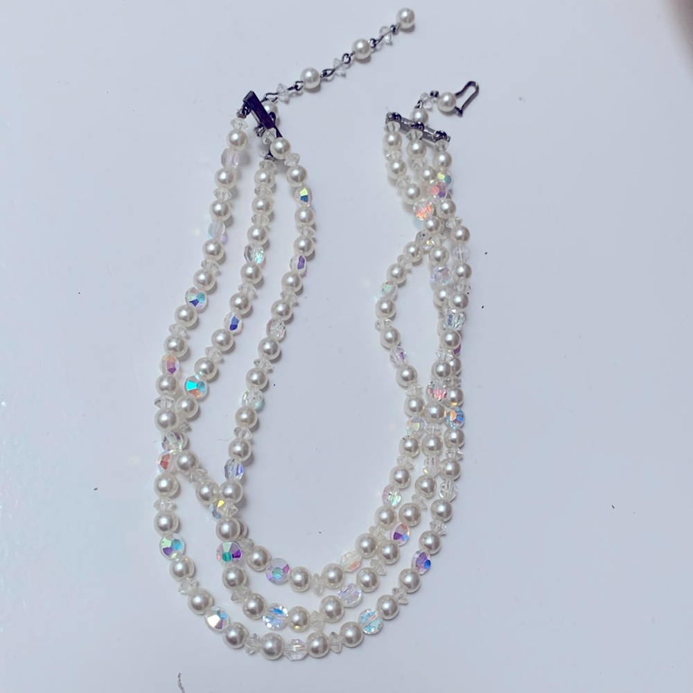 Vintage Faceted Iridescent Crystal & Pearl 3 Stra… - image 1
